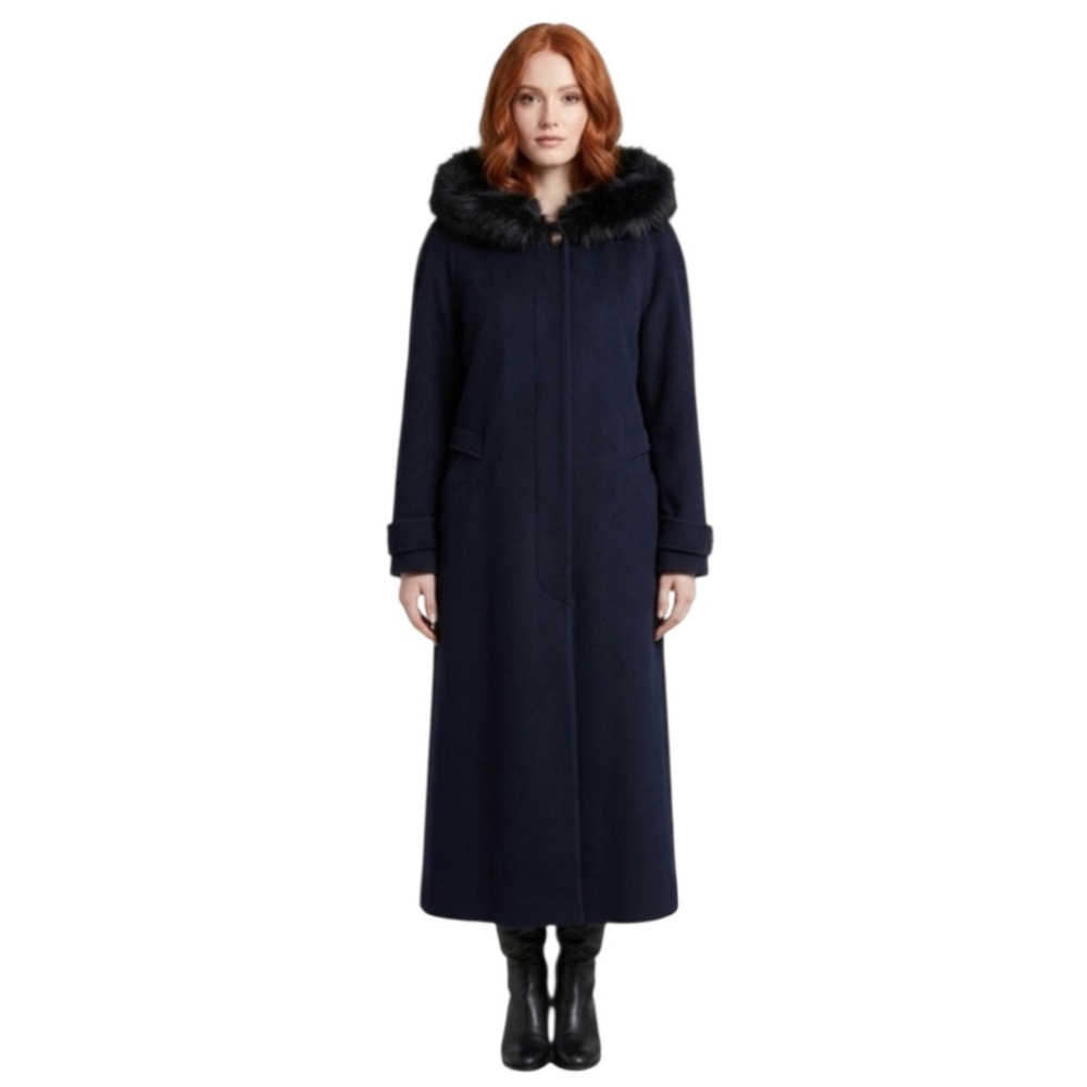 Vintage 100% Wool Longline Luxurious Faux Fur Hood Long Overcoat Blue Winter